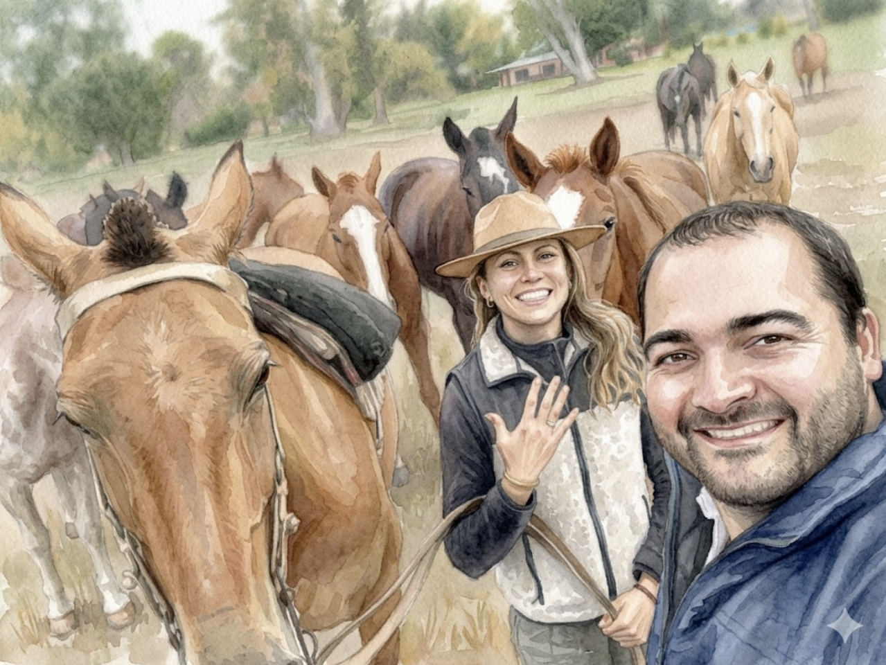 Acuarela de Ine y Galo con caballos